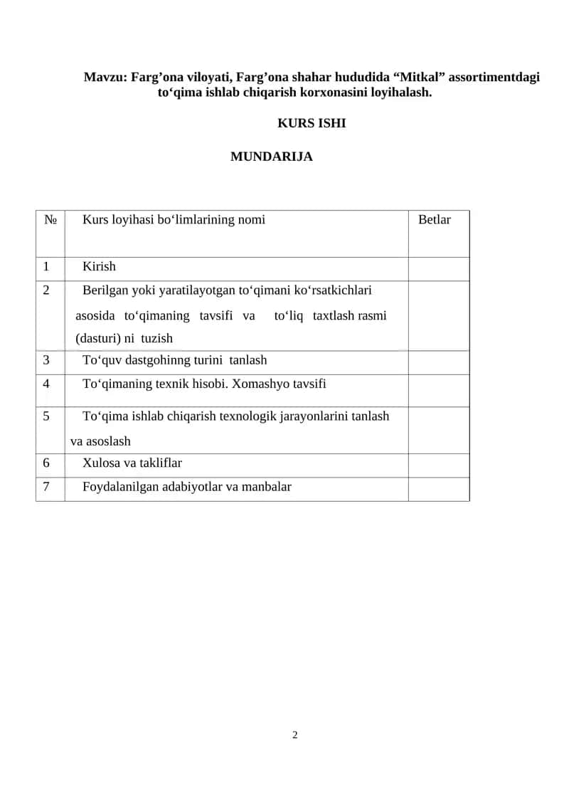Farg’ona viloyati, Farg’ona shahar hududida “Mitkal” assortimentdagi to‘qima ishlab chiqarish korxonasini loyihalash. 1