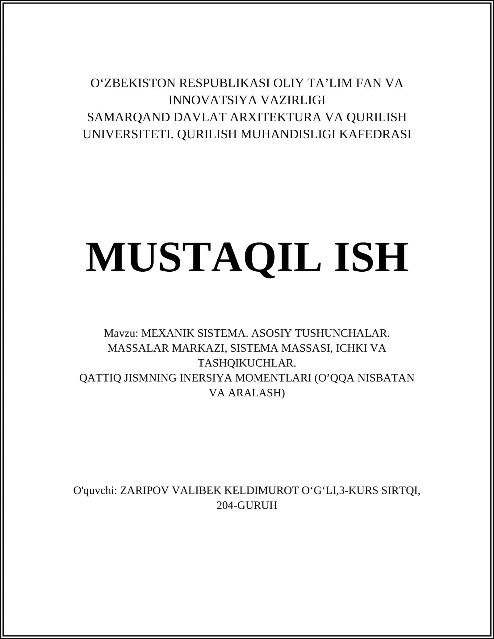 MEXANIK SISTEMA. ASOSIY TUSHUNCHALAR 1