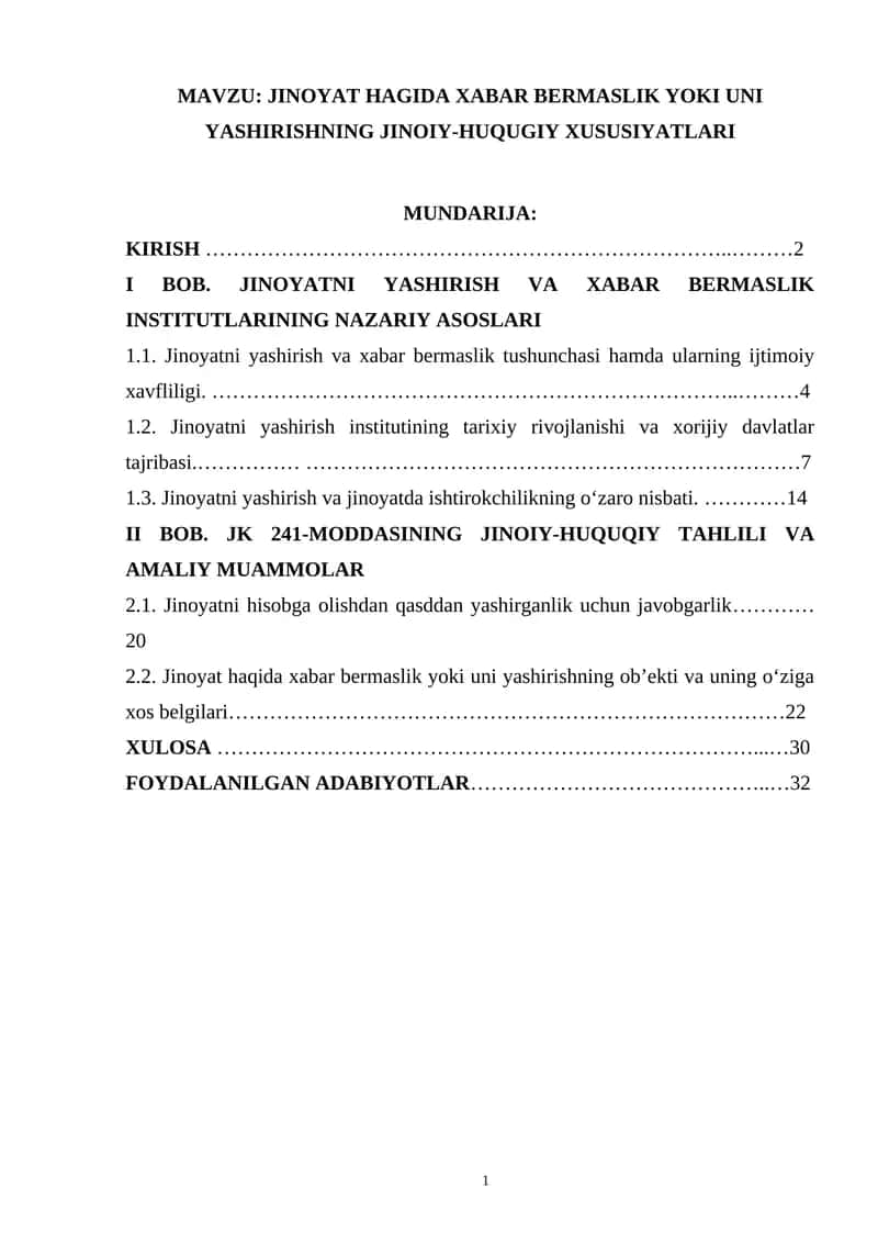 JINOYAT HAGIDA XABAR BERMASLIK YOKI UNI YASHIRISHNING JINOIY-HUQUGIY XUSUSIYATLARI 1
