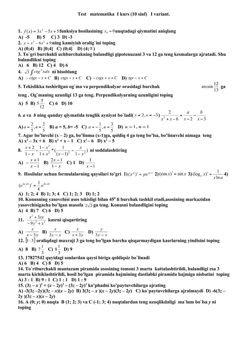 Matematikadan Olimpiada savollari 1