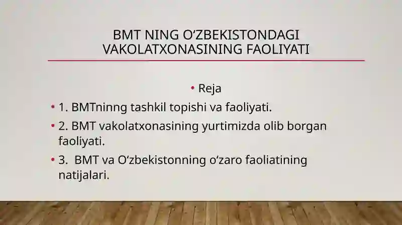 BMT ning O‘zbekistondagi vakolatxonasining faoliyati