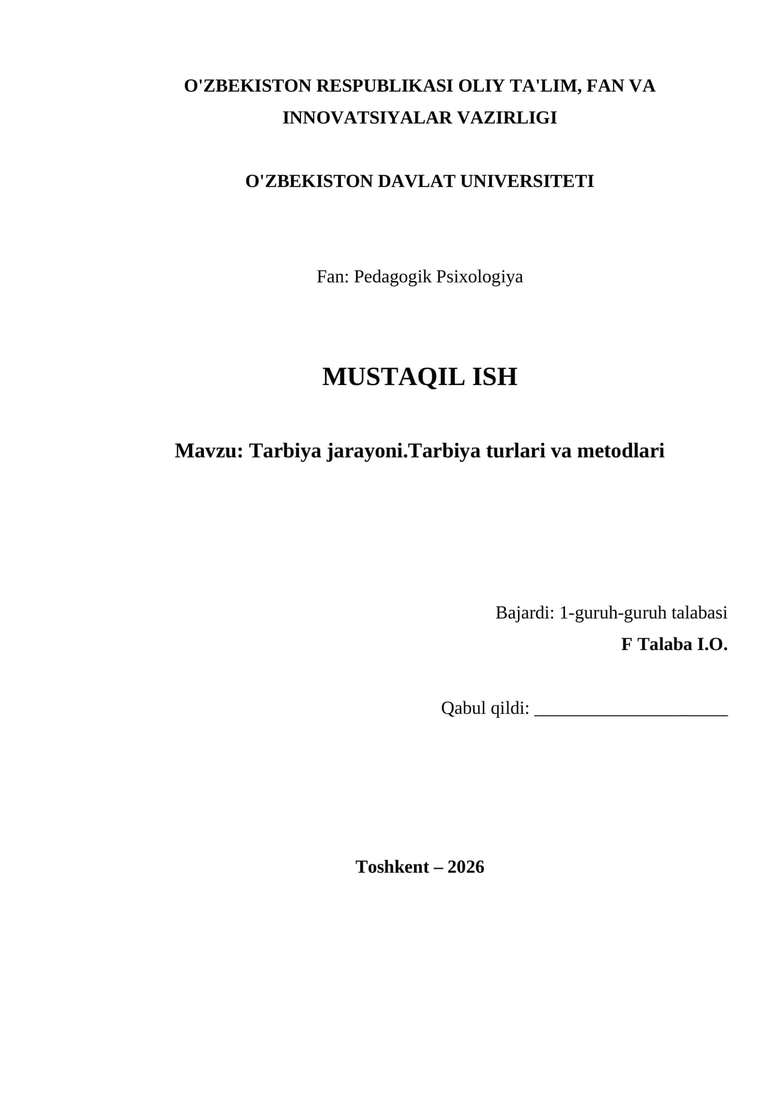 Tarbiya jarayoni.Tarbiya turlari va mеtodlari 1