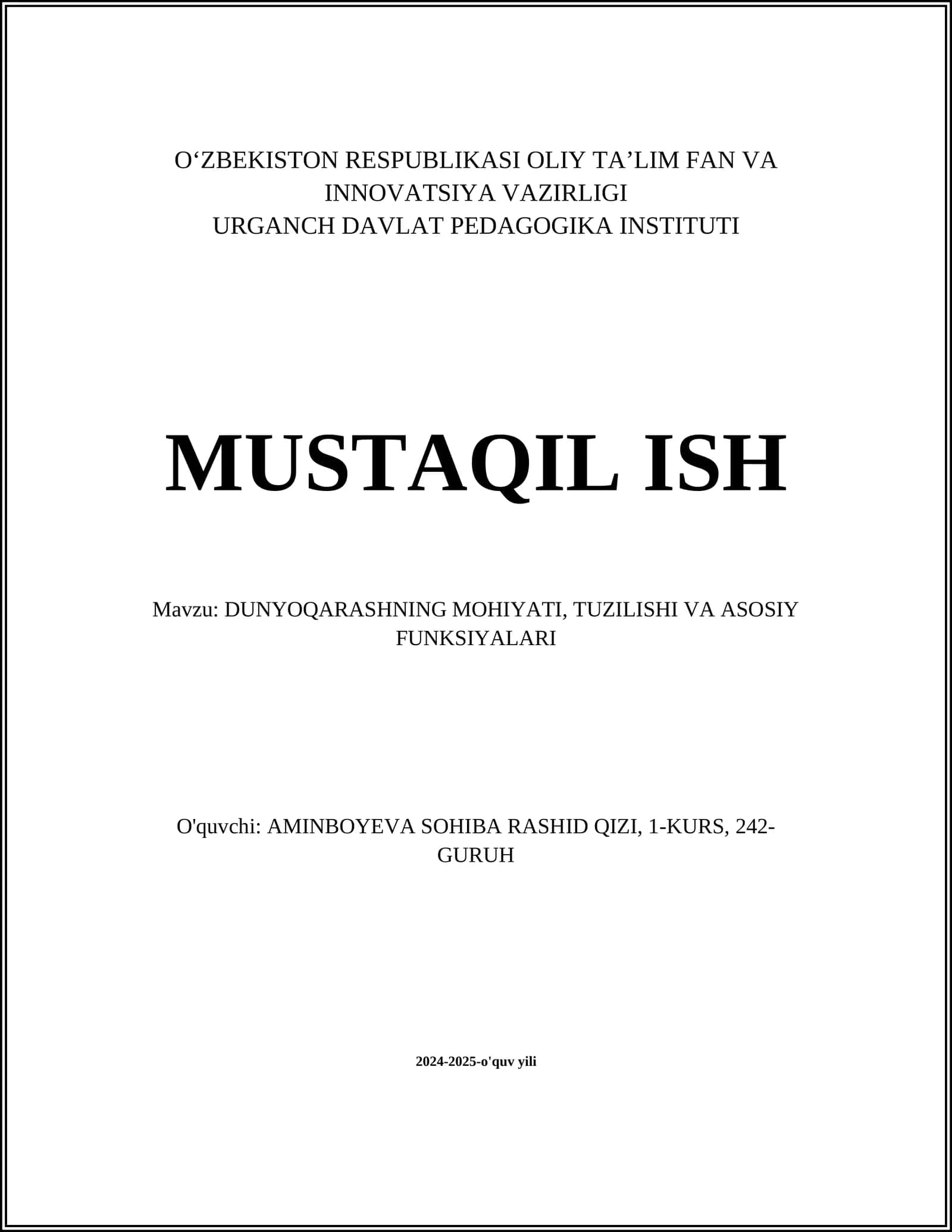 DUNYOQARASHNING MOHIYATI, TUZILISHI VA ASOSIY FUNKSIYALARI 1
