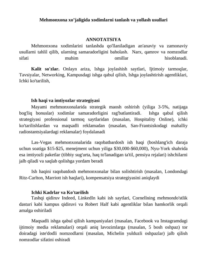 Mehmonxona xo’jaligida xodimlarni tanlash va yollash usullari 1