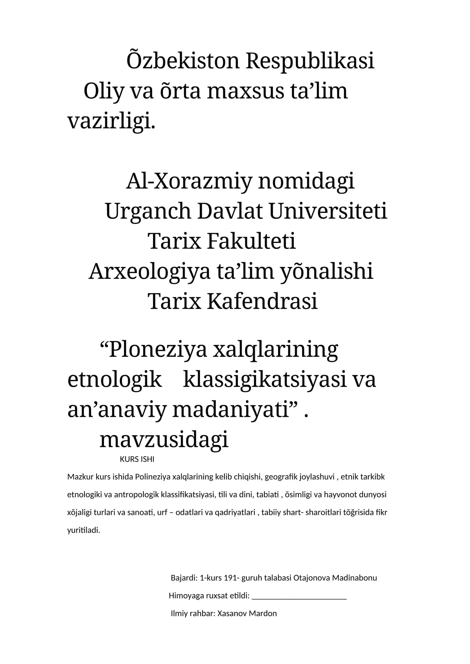 Ploneziya xalqlarining etnologik klassigikatsiyasi va an’anaviy madaniyati 1