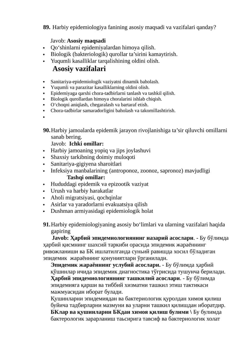 Harbiy epidemiologiya fanining asosiy maqsadi va vazifalari qanday? 1