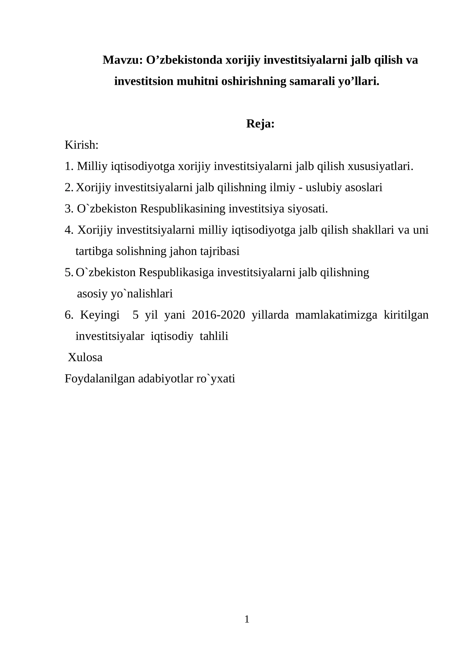 O`zbekistonda xorijiy investitsiyalarni jalb qilish va investitsion muhitni oshirishning samarali yo’llari 1