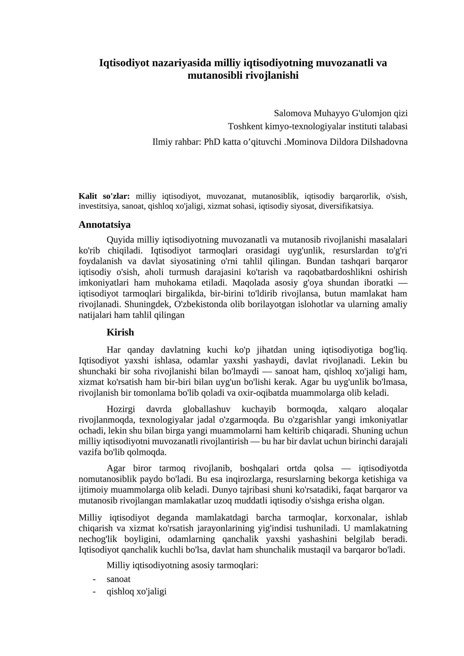 Milliy iqtisodiyotning muvozanatli va mutanosibli rivojlanishi 1