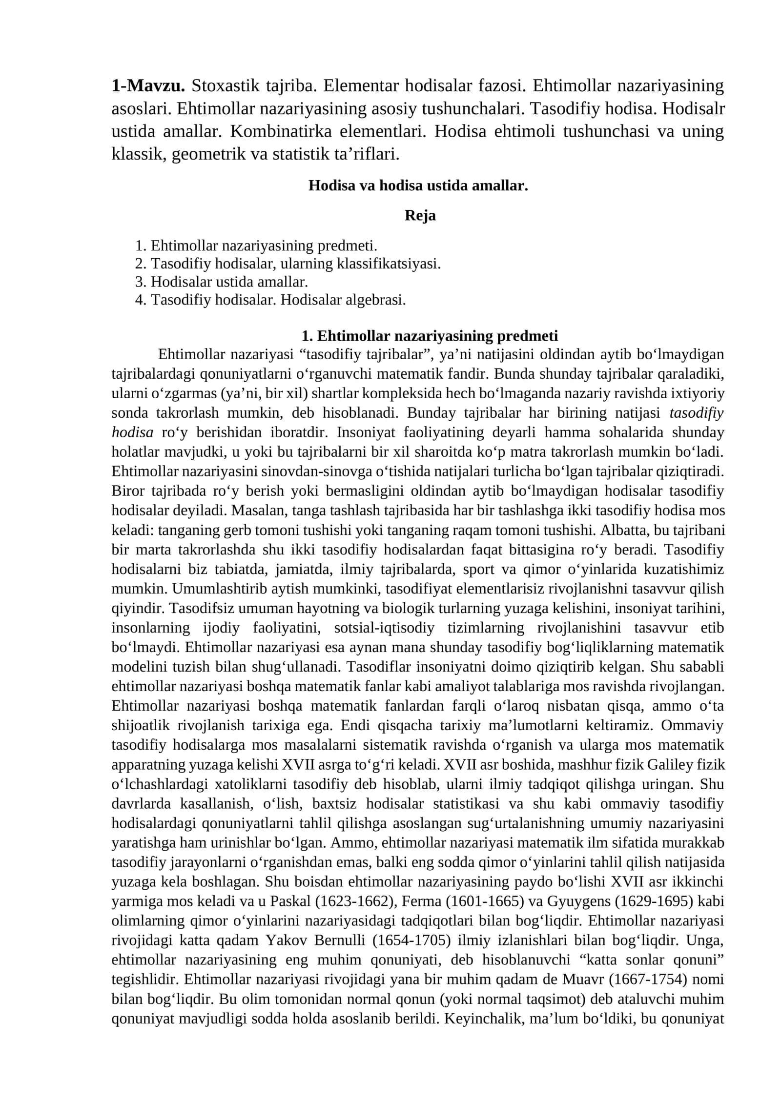 Stoxastik tajriba. Elementar hodisalar fazosi. Ehtimollar nazariyasining asoslari. 1