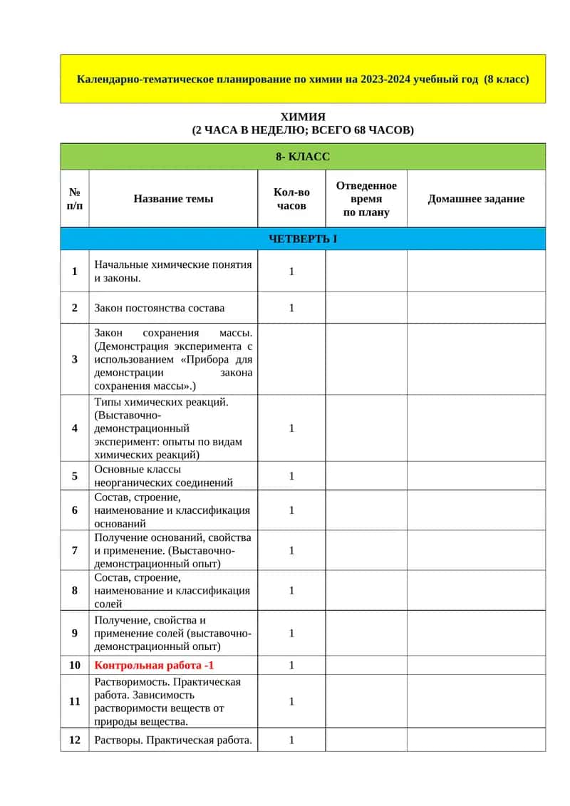 Календарно-тематическое планирование по химии на 2023-2024 учебный год (8 класс) 1