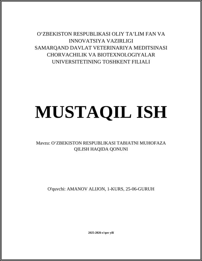 OʻZBEKISTON RESPUBLIKASI TABIATNI MUHOFAZA QILISH HAQIDA QONUNI 1