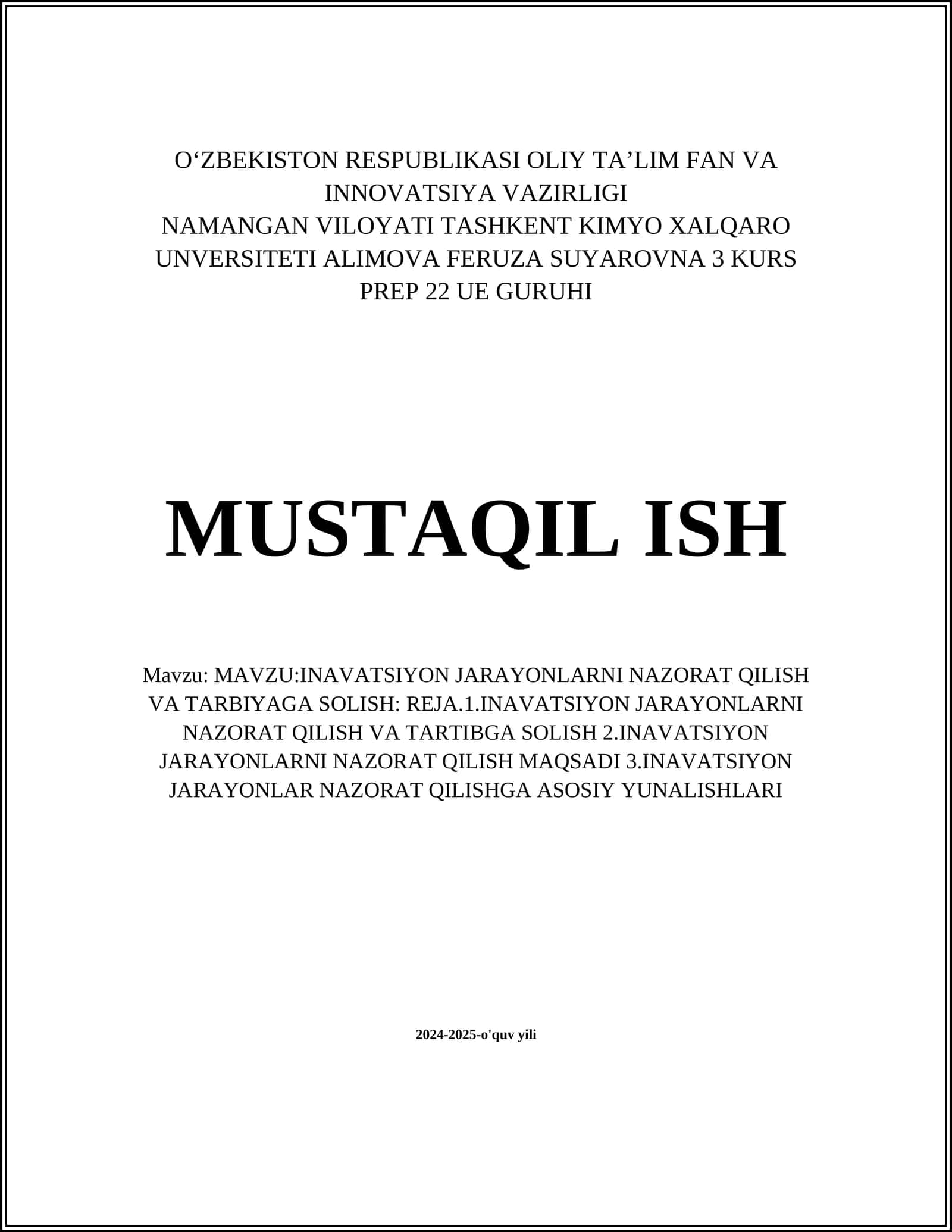 INAVATSIYON JARAYONLARNI NAZORAT QILISH VA TARBIYAGA SOLISH 1