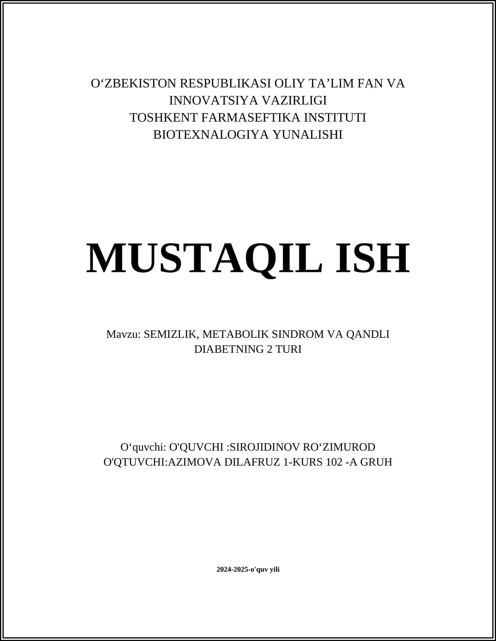 SEMIZLIK, METABOLIK SINDROM VA QANDLI DIABETNING 2 TURI 1