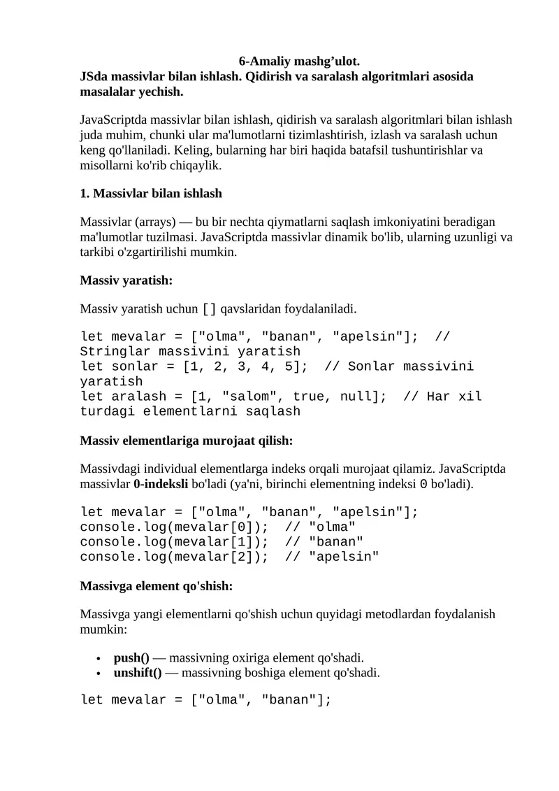 JavaScriptda massivlar bilan ishlash 1