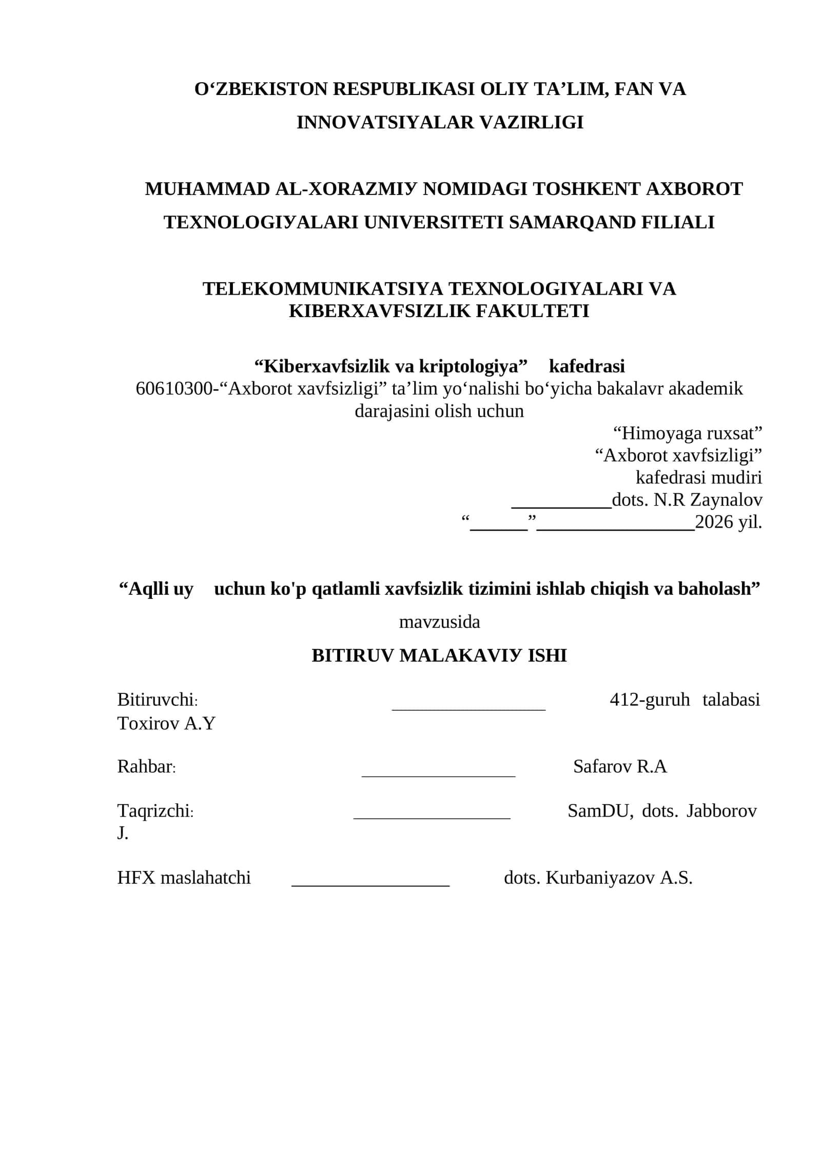 Aqlli uy uchun ko'p qatlamli xavfsizlik tizimini ishlab chiqish va baholash 1