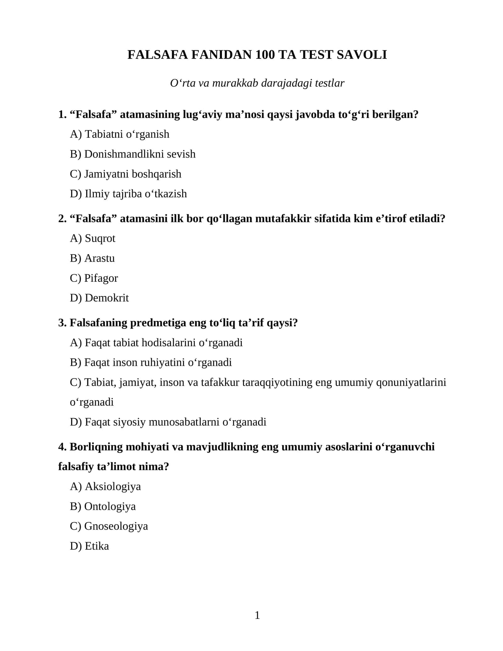 FALSAFA FANIDAN 100 TA TEST SAVOLI 1