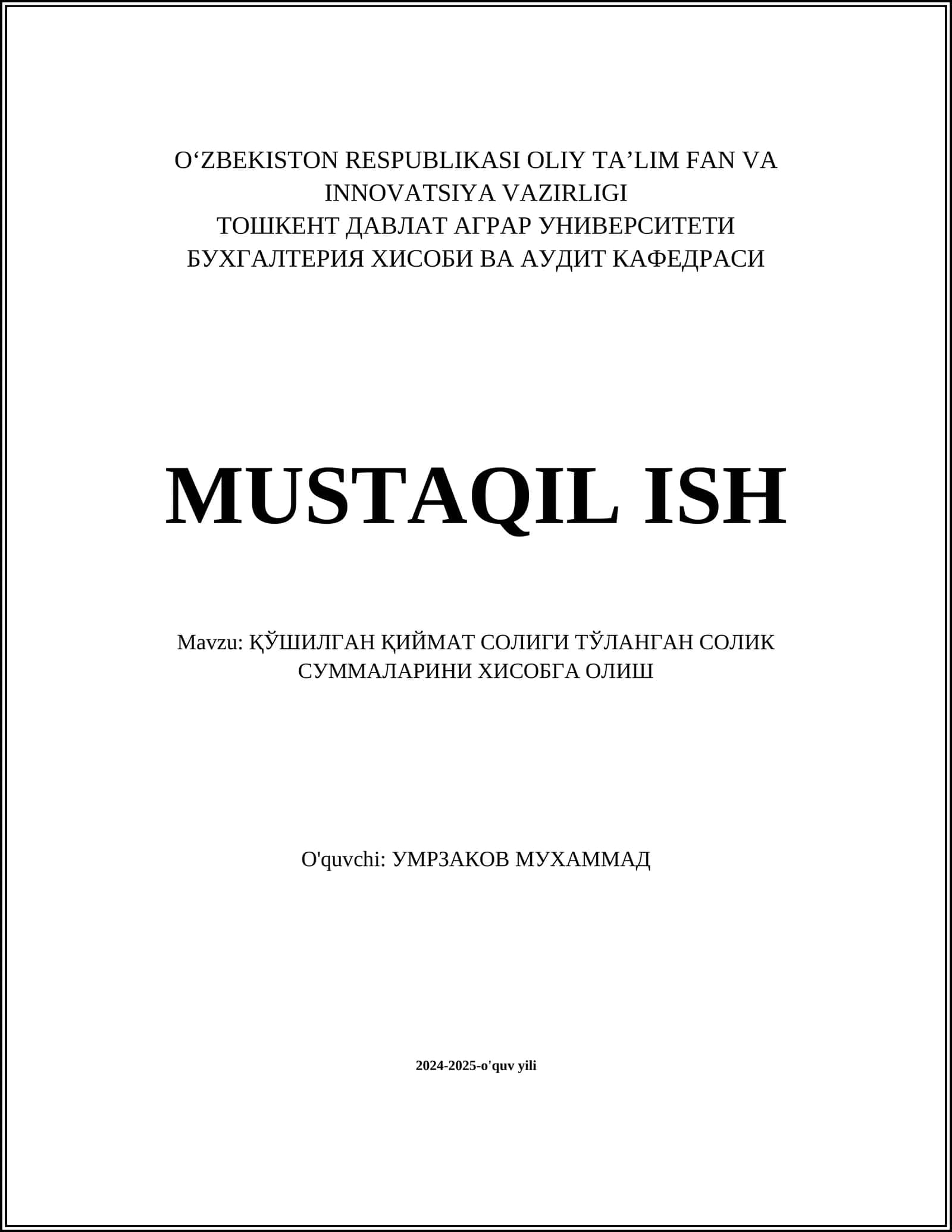 ҚЎШИЛГАН ҚИЙМАТ СОЛИГИ ТЎЛАНГАН СОЛИК СУММАЛАРИНИ ХИСОБГА ОЛИШ 1