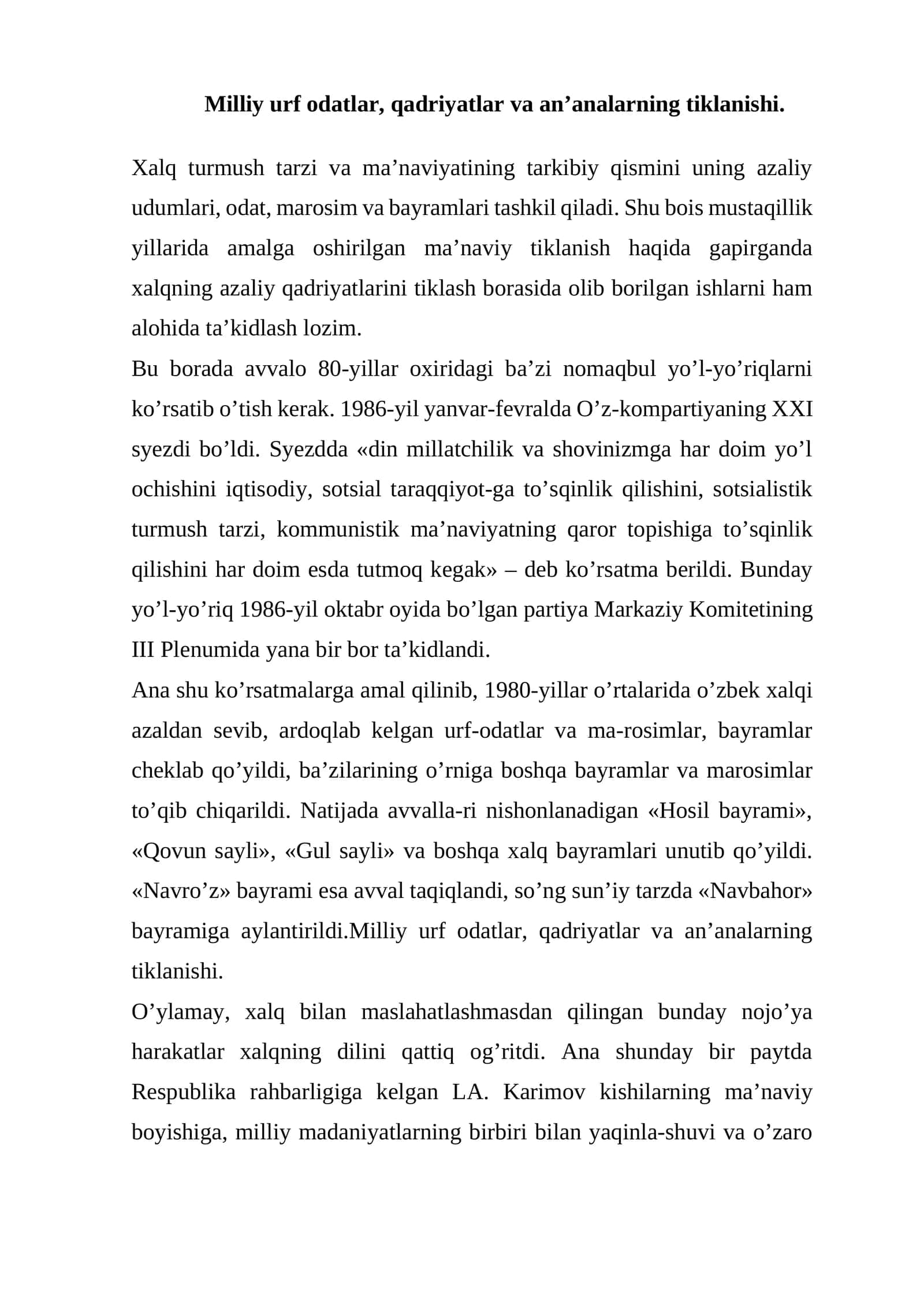 Xalqning azaliy qadriyatlarini tiklash borasida olib borilgan ishlar 1