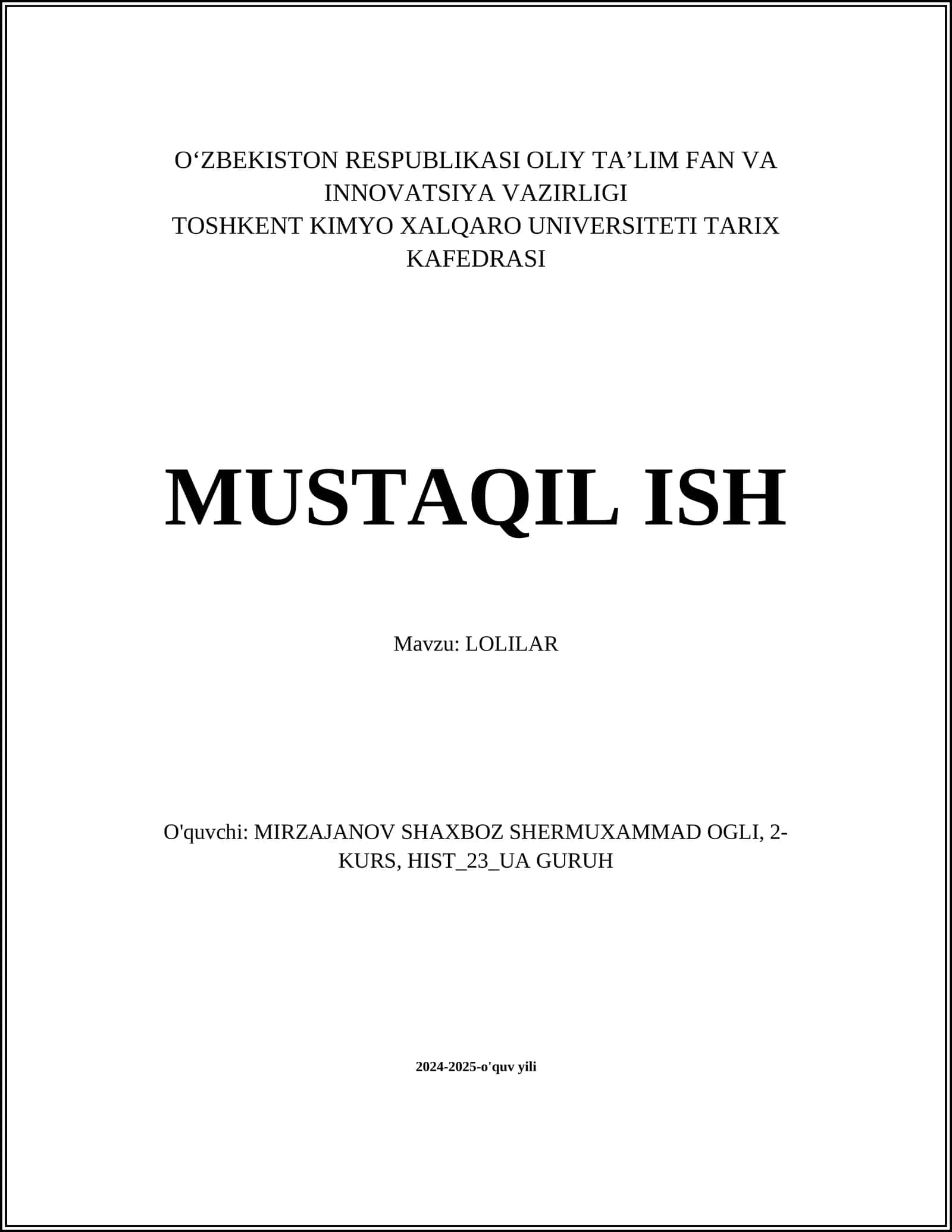 MUSTAQIL ISH Mavzu: LOLILAR 1
