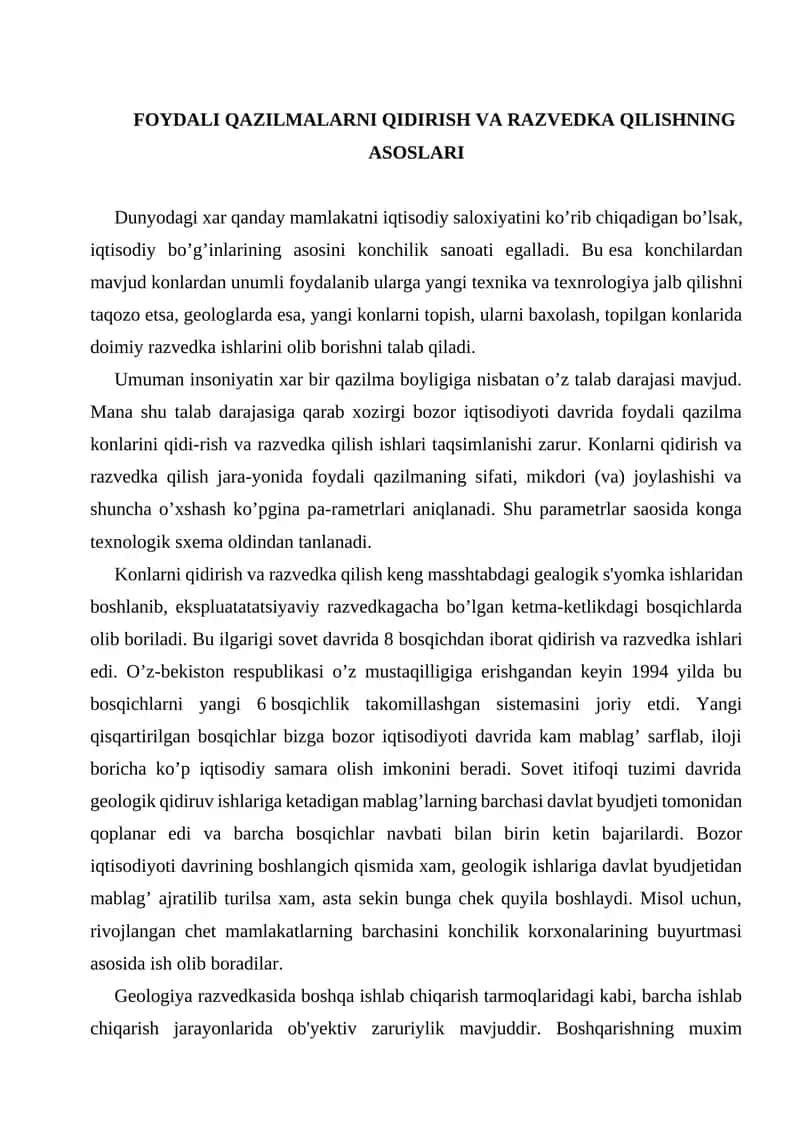 FOYDALI QAZILMALARNI QIDIRISH VA RAZVEDKA QILISHNING ASOSLARI 1