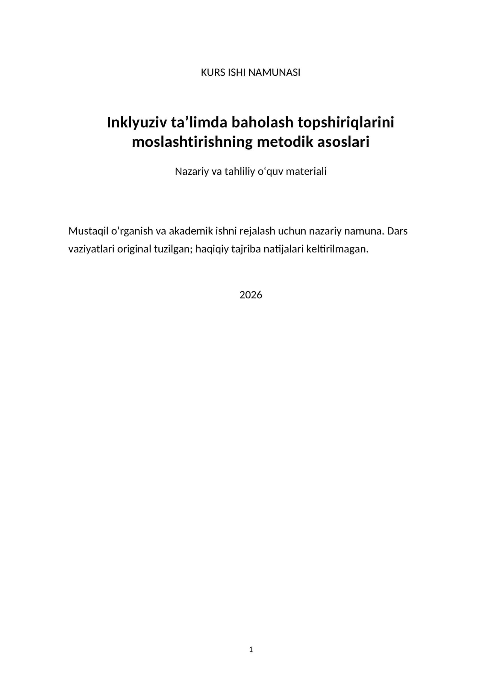 Inklyuziv ta’limda baholash topshiriqlarini moslashtirishning metodik asoslari — kurs ishi namunasi 1