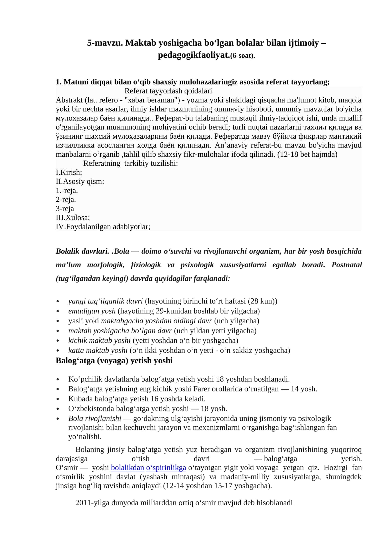 5-mavzu. Maktab yoshigacha bo‘lgan bolalar bilan ijtimoiy – pedagogikfaoliyat.(6-soat) 1