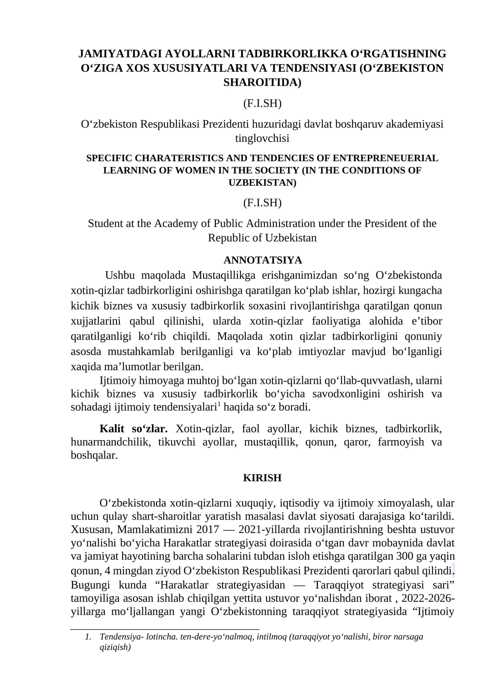 JAMIYATDAGI AYOLLARNI TADBIRKORLIKKA O‘RGATISHNING O‘ZIGA XOS XUSUSIYATLARI VA TENDENSIYASI (O‘ZBEKISTON SHAROITIDA) 1