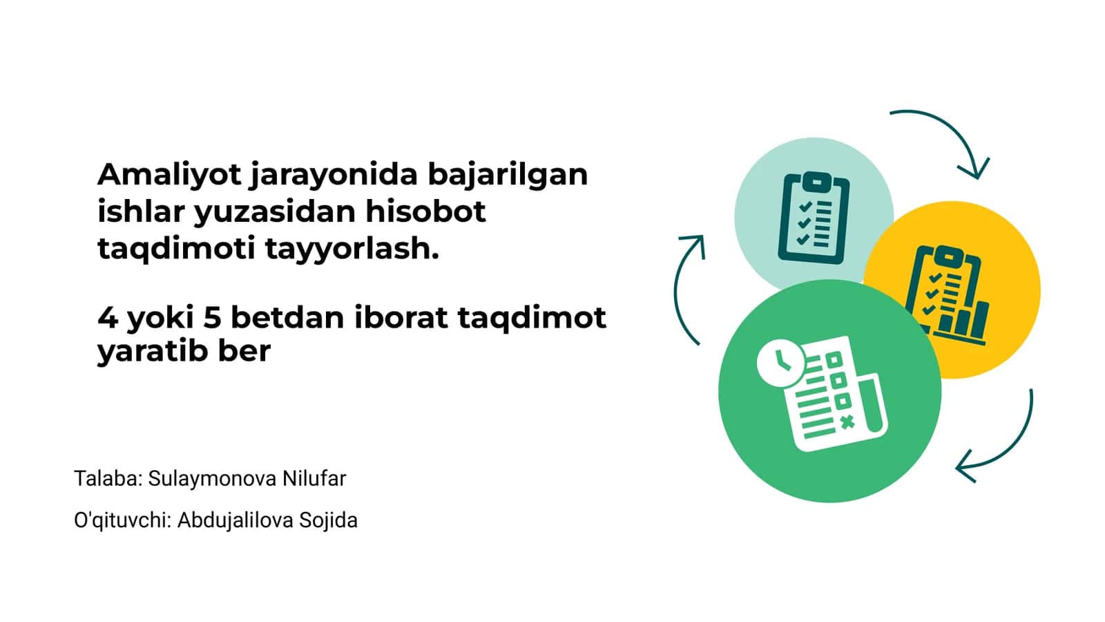 Amaliyot jarayonida bajarilgan ishlar yuzasidan hisobot taqdimoti tayyorlash 1