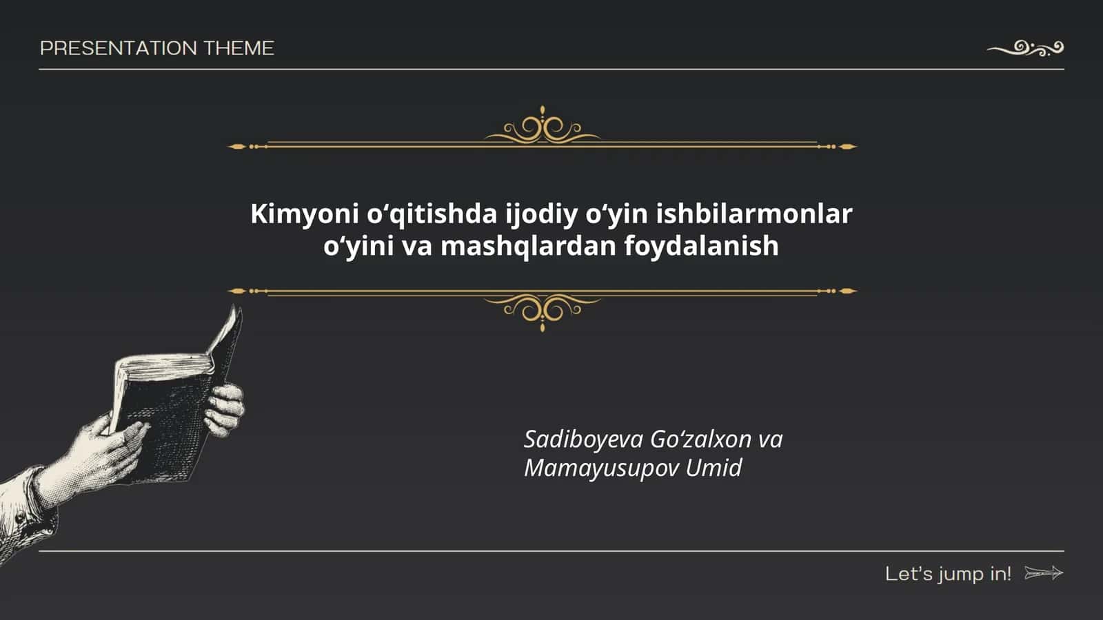 Kimyoni oʻqitishda ijodiy oʻyin ishbilarmonlar oʻyini va mashqlardan foydalanish Sadiboyeva Goʻzalxon va Mamayusupov Umid 1