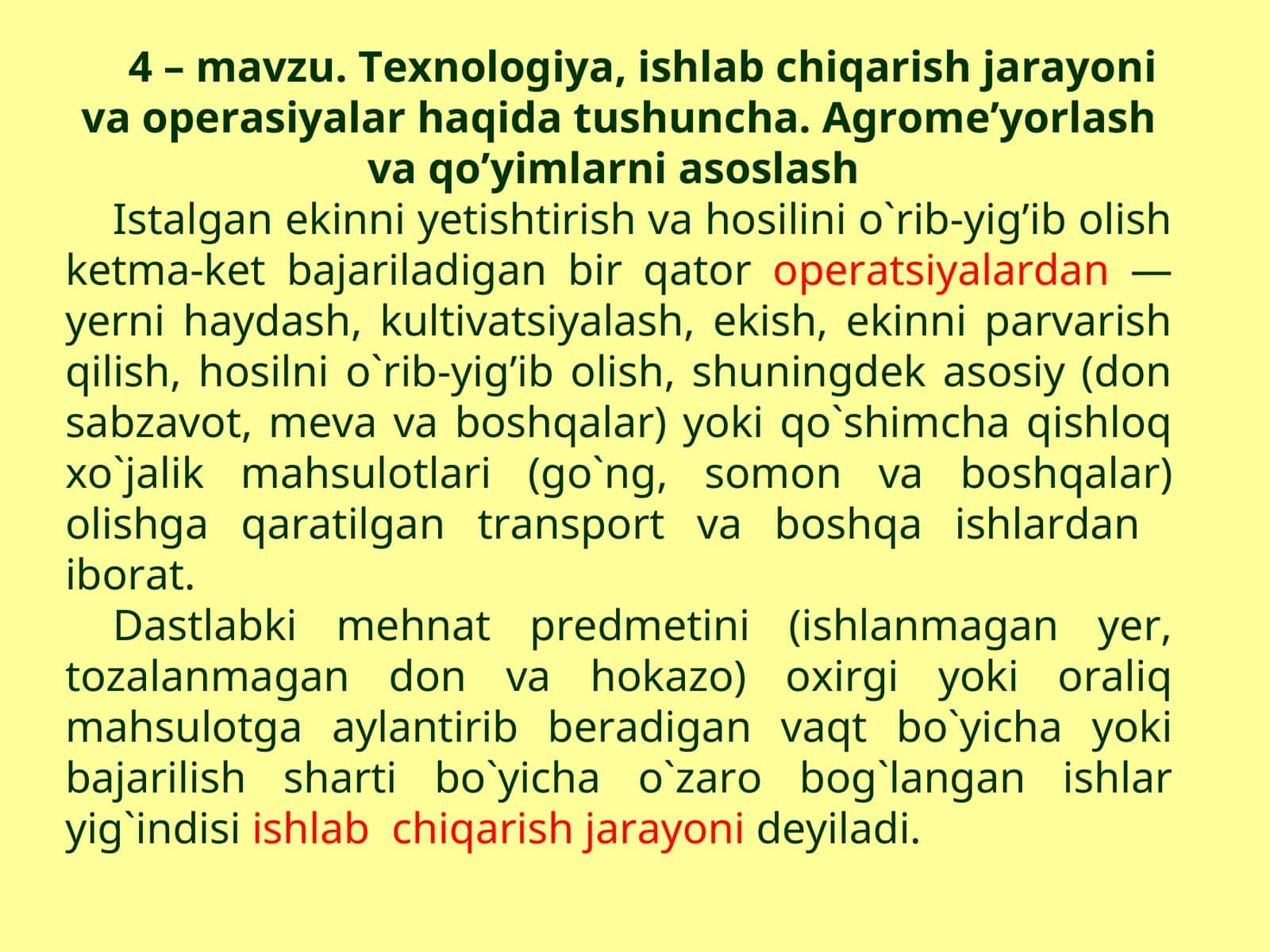 Texnologiya, ishlab chiqarish jarayoni va operasiyalar haqida tushuncha. Agrome’yorlash va qo’yimlarni asoslash 1