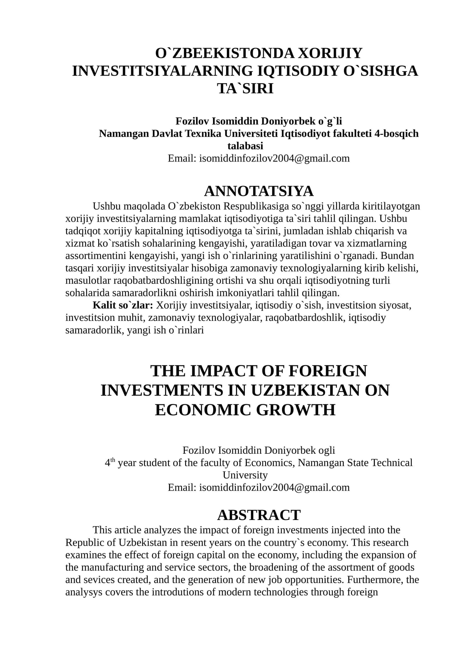 O`ZBEEKISTONDA XORIJIY INVESTITSIYALARNING IQTISODIY O`SISHGA TA`SIRI 1