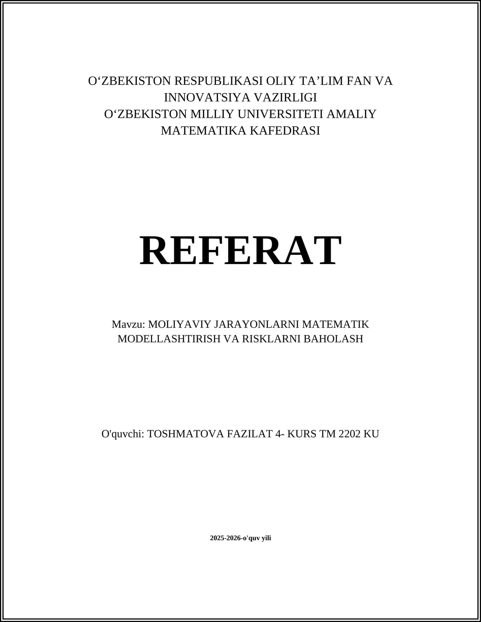 Moliyaviy jarayonlarni matematik modellashtirish va risklarni baholash 1