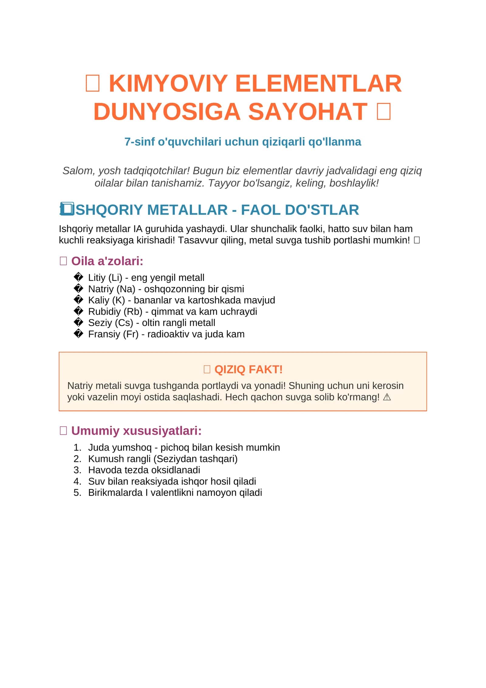 KIMYOVIY ELEMENTLAR DUNYOSIGA SAYOHAT 1
