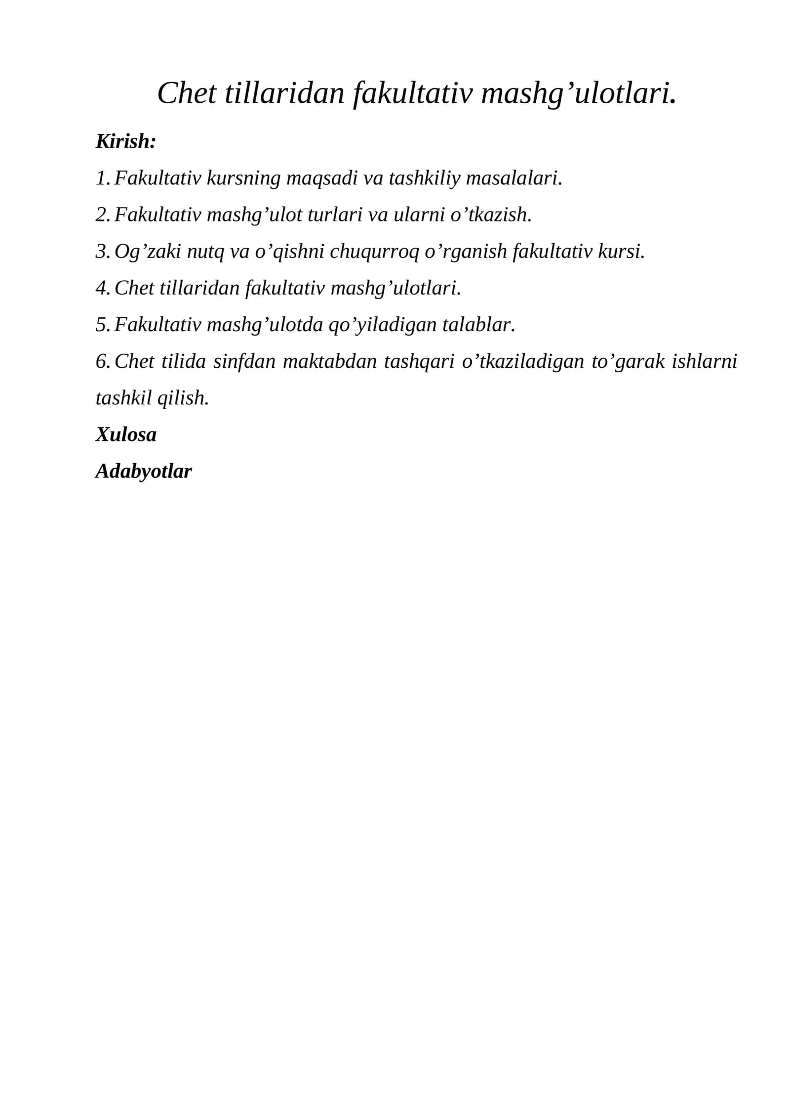 Chet tillaridan fakultativ mashg’ulotlari 1