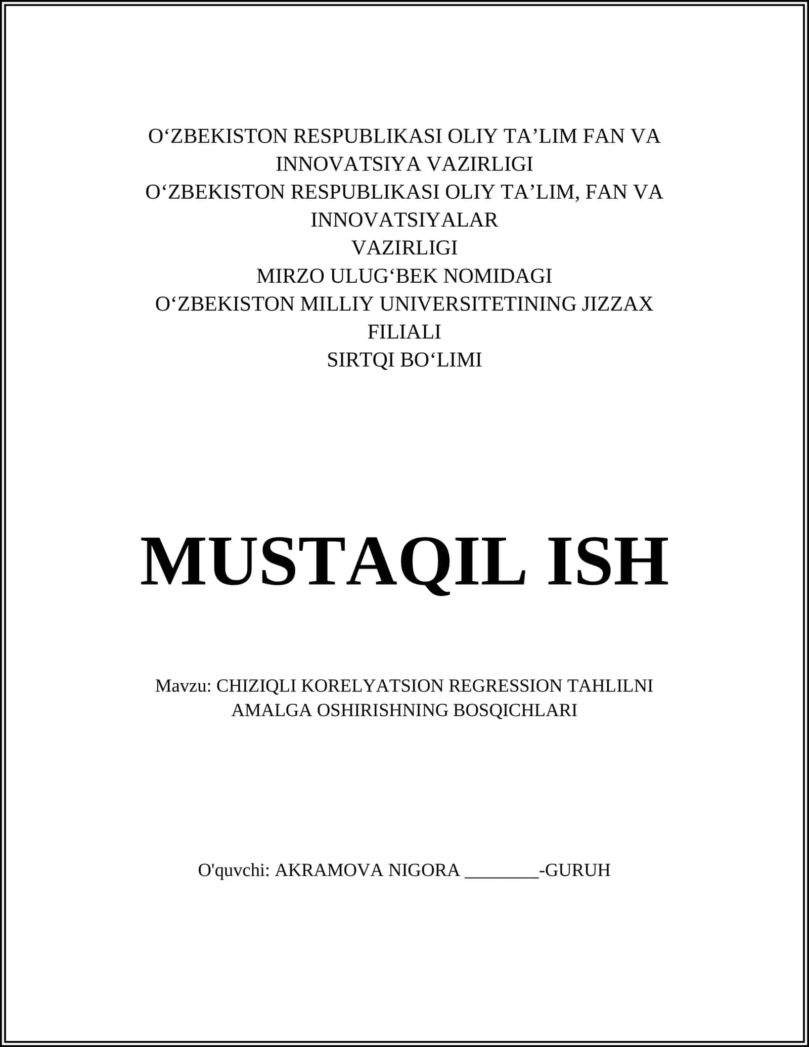 CHIZIQLI KORELYATSION REGRESSION TAHLILNI AMALGA OSHIRISHNING BOSQICHLARI 1