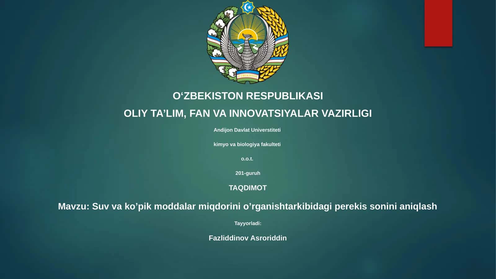 Suv va ko’pik moddalar miqdorini o’rganishtarkibidagi perekis sonini aniqlash 1