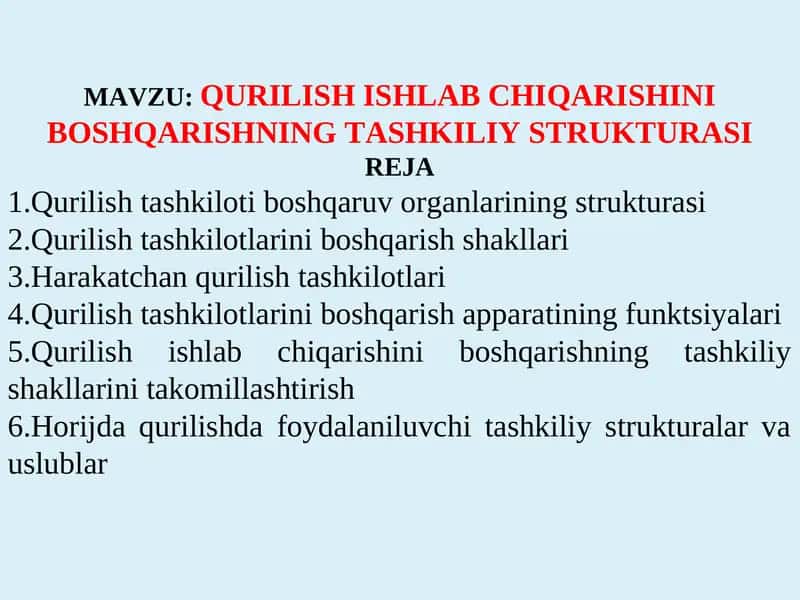 Qurilish Ishlab Chiqarishini Boshqarishning Tashkiliy Strukturasi 1