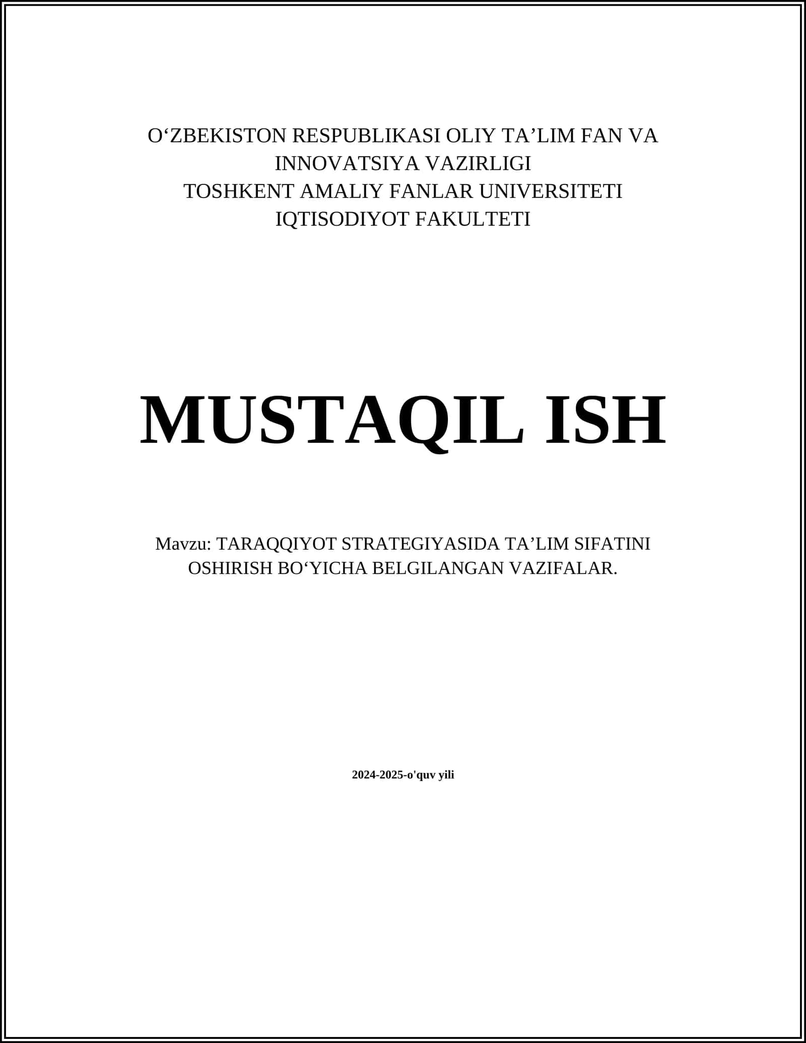 TARAQQIYOT STRATEGIYASIDATA’LIM SIFATINI OSHIRISHBO‘YICHA BELGILANGAN VAZIFALAR 1