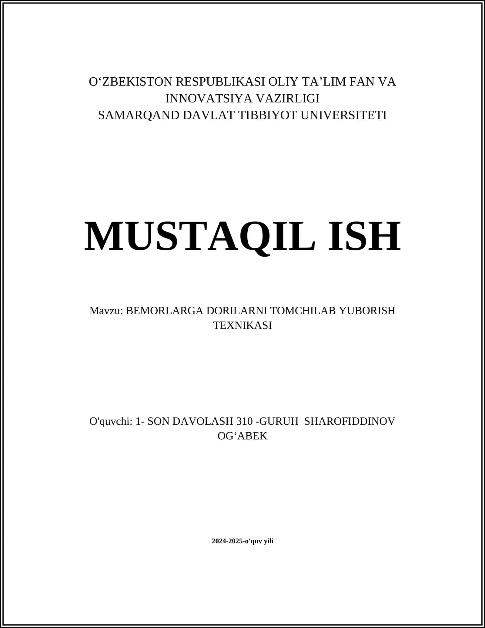 BEMORLARGA DORILARNI TOMCHILAB YUBORISH TEXNIKASI 1