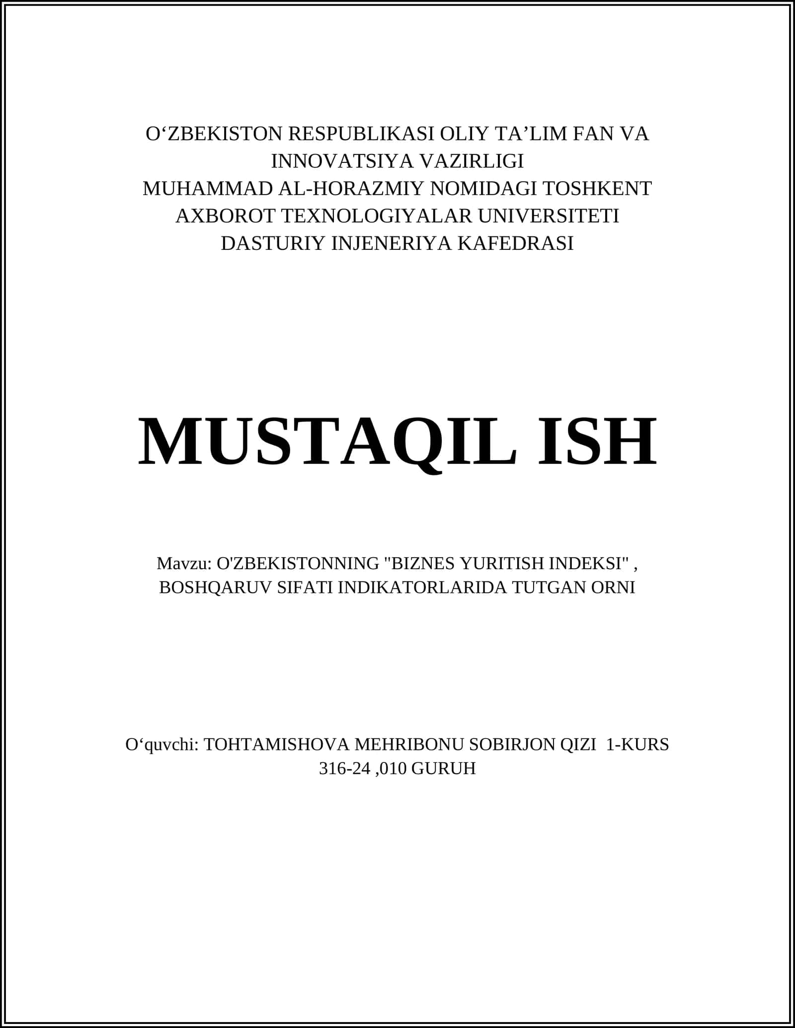 O'ZBEKISTONNING "BIZNES YURITISH INDEKSI", BOSHQARUV SIFATI INDIKATORLARIDA TUTGAN ORNI 1