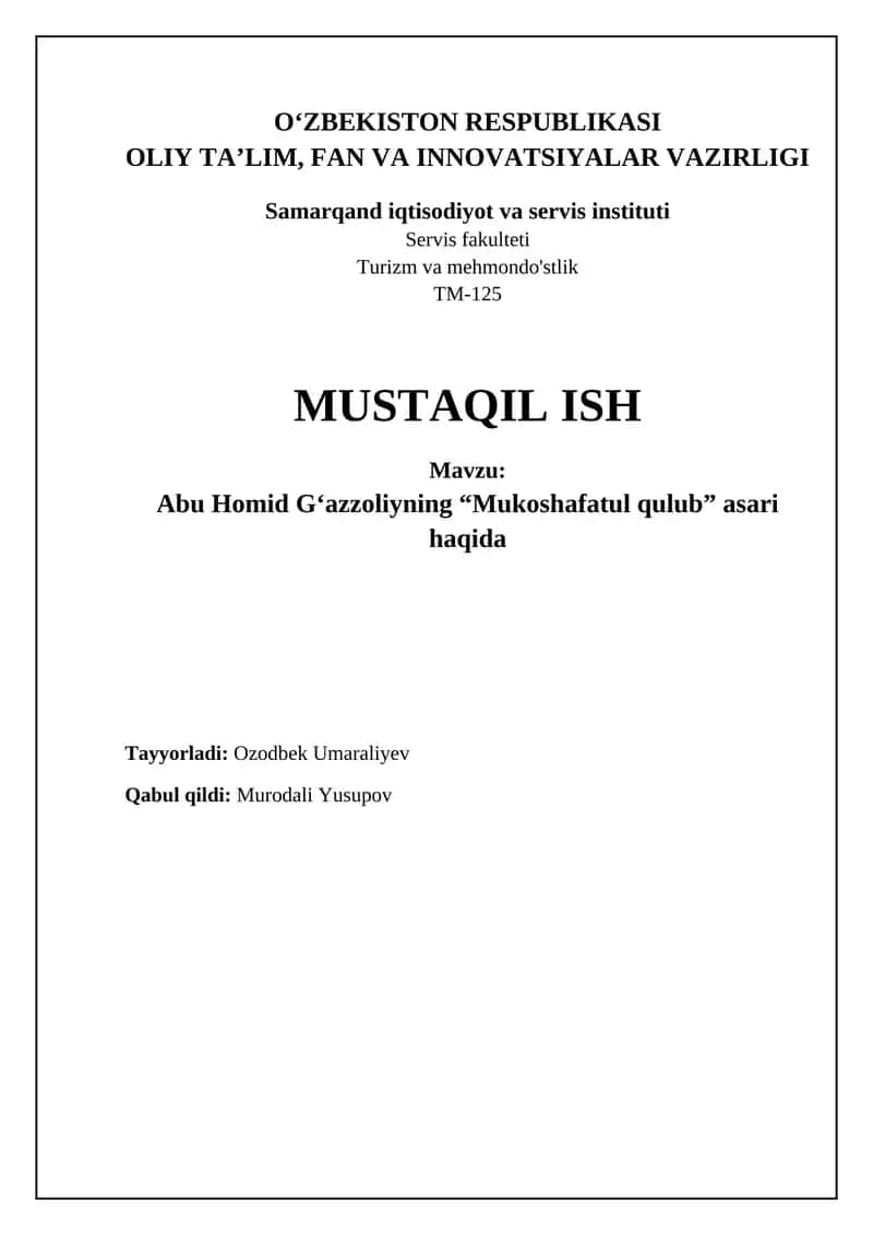 Abu Homid Gʻazzoliyning “Mukoshafatul qulub” asari haqida 1