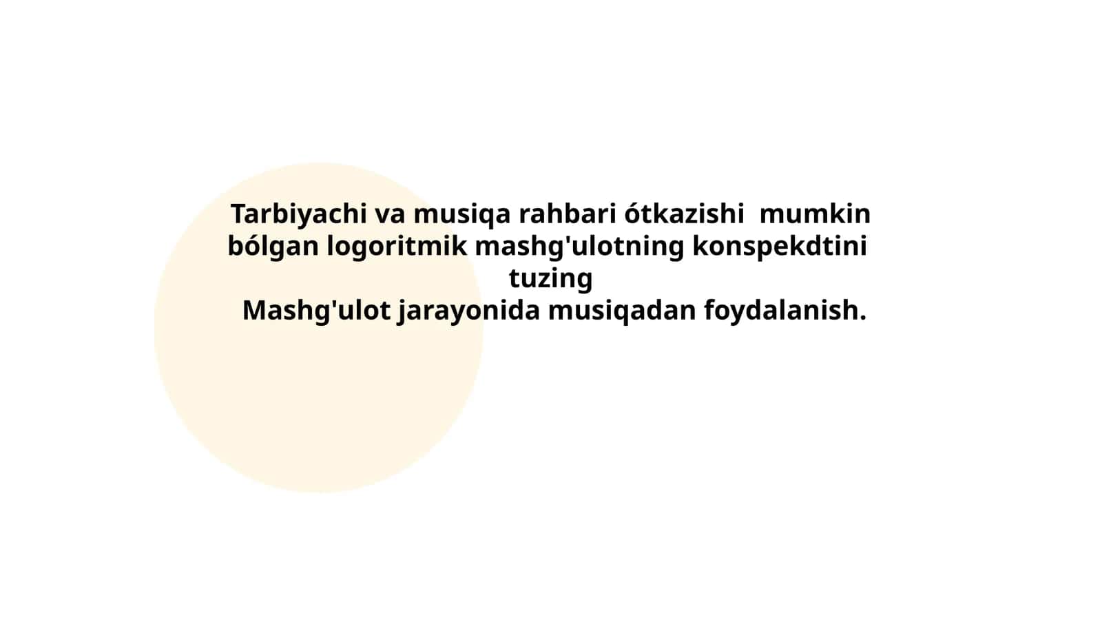 Tarbiyachi va musiqa rahbari ótkazishi mumkin bólgan logoritmik mashg'ulotning konspekdtini tuzing 1