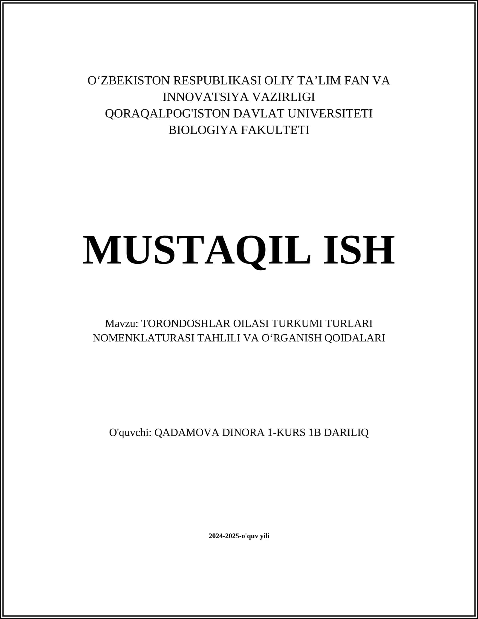 TORONDOSHLAR OILASI TURKUMI TURLARI NOMENKLATURASI TAHLILI VA OʻRGANISH QOIDALARI 1