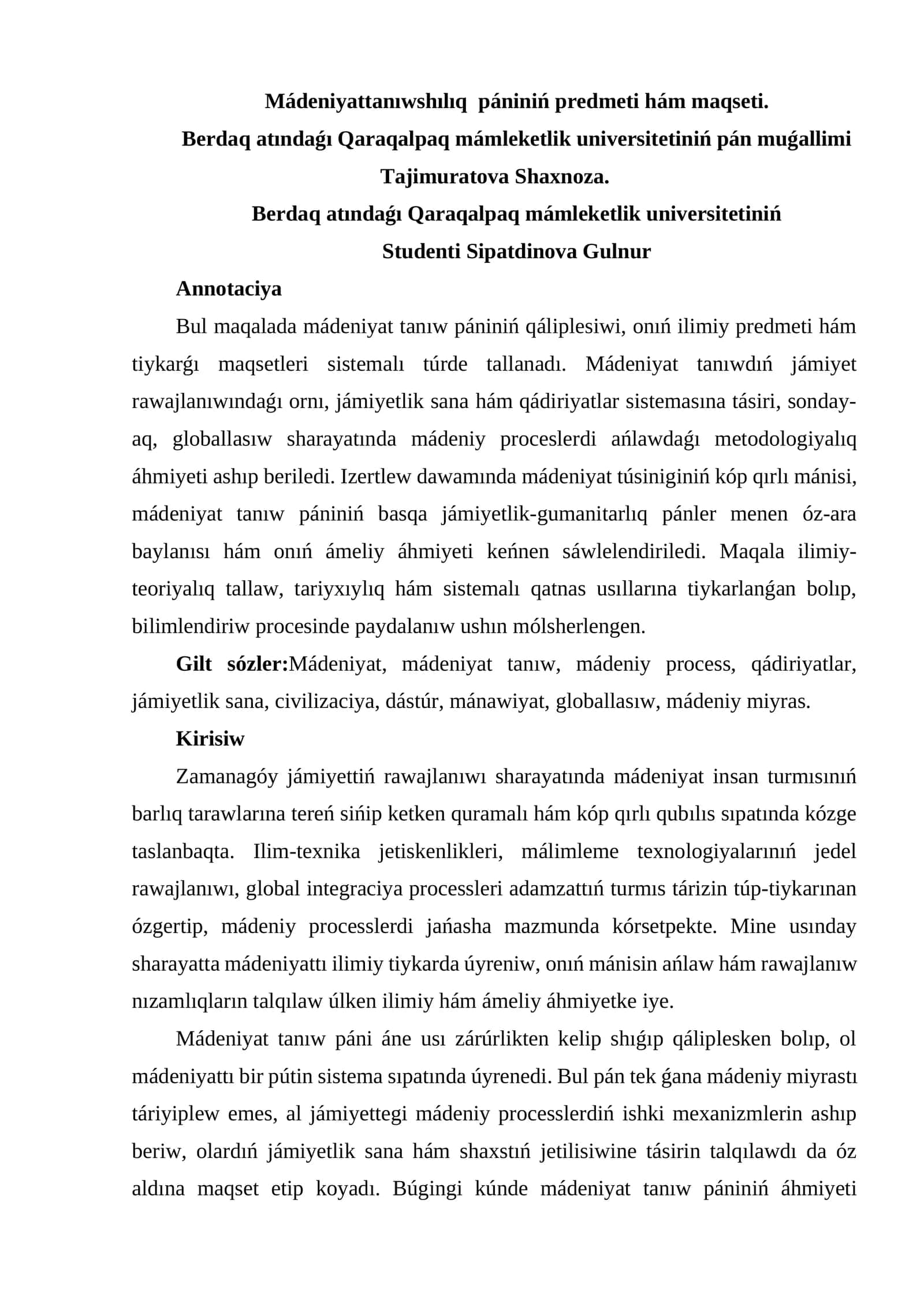 Mádeniyattanıwshılıq pániniń predmeti hám maqseti 1