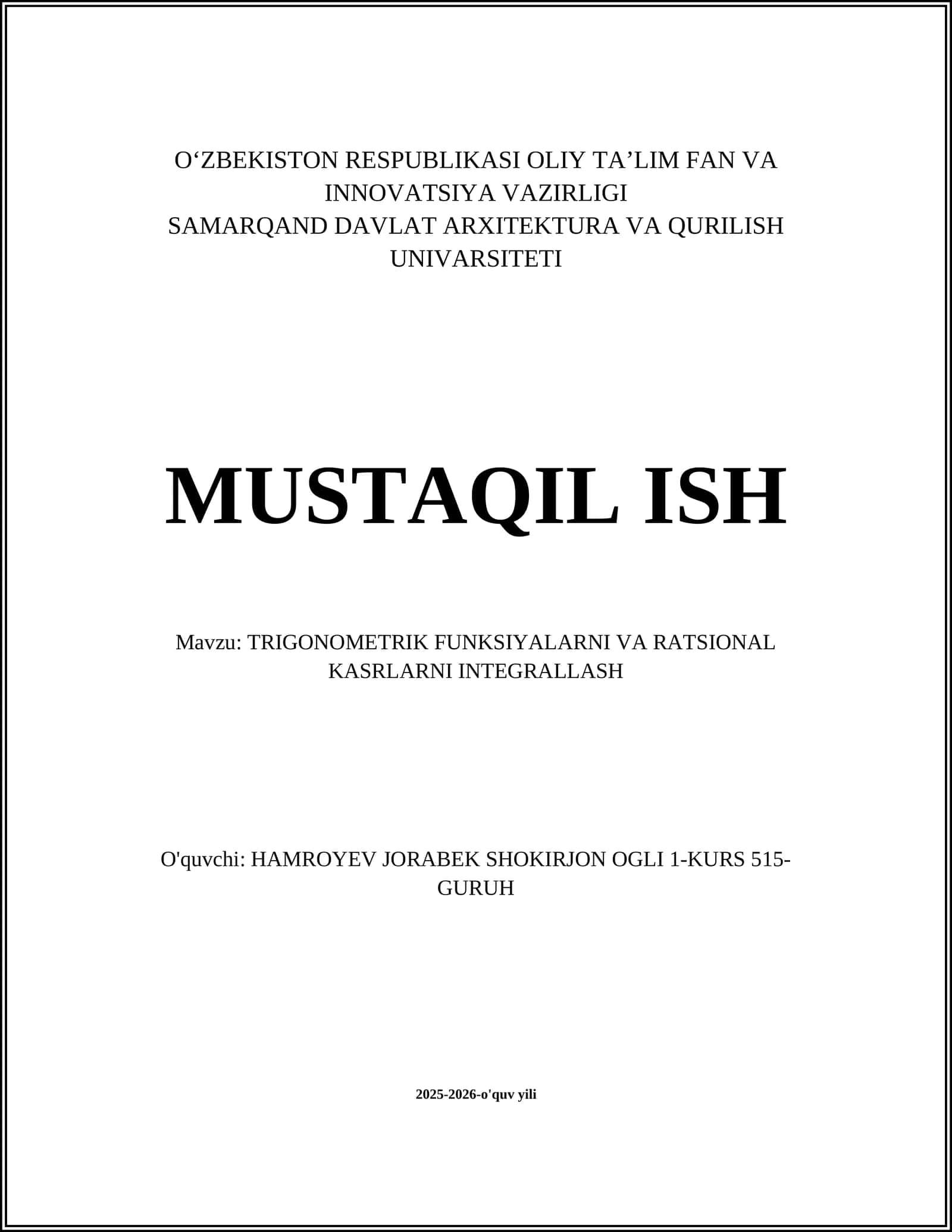 TRIGONOMETRIK FUNKSIYALARNI VA RATSIONAL KASRLARNI INTEGRALLASH 1