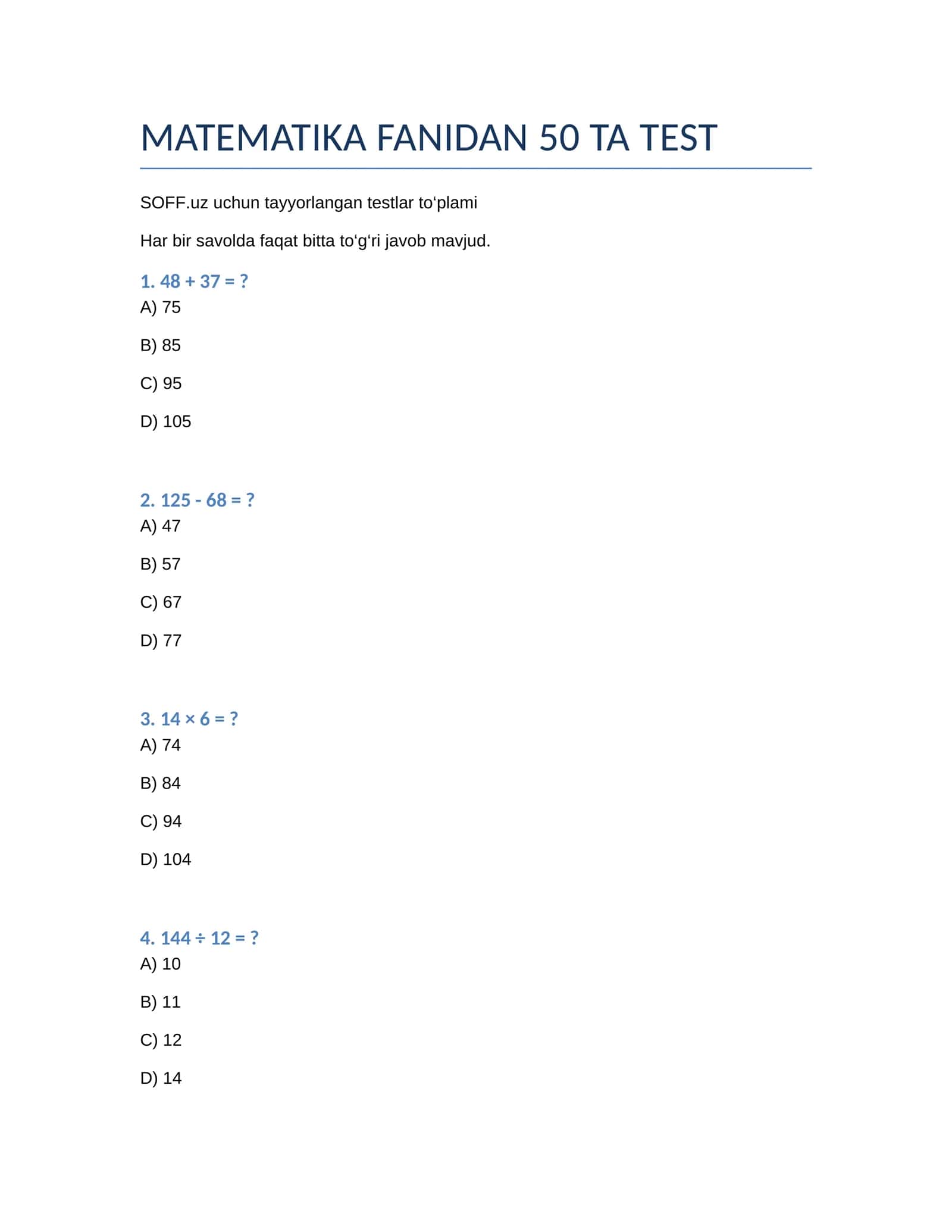 MATEMATIKA FANIDAN 50 TA TEST 1