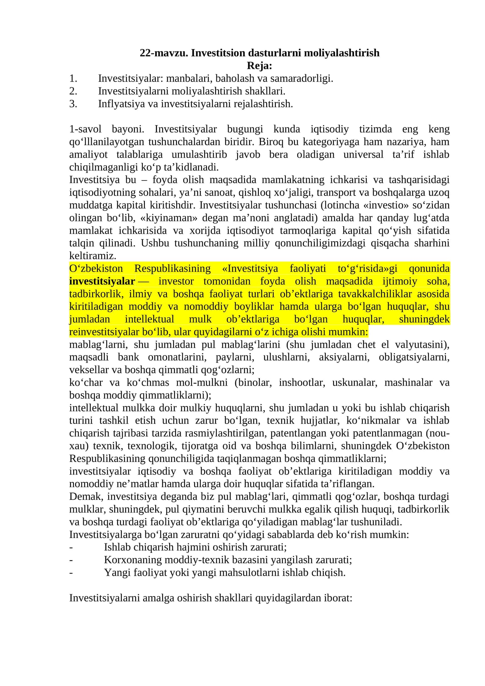 Investitsion dasturlarni moliyalashtirish 1