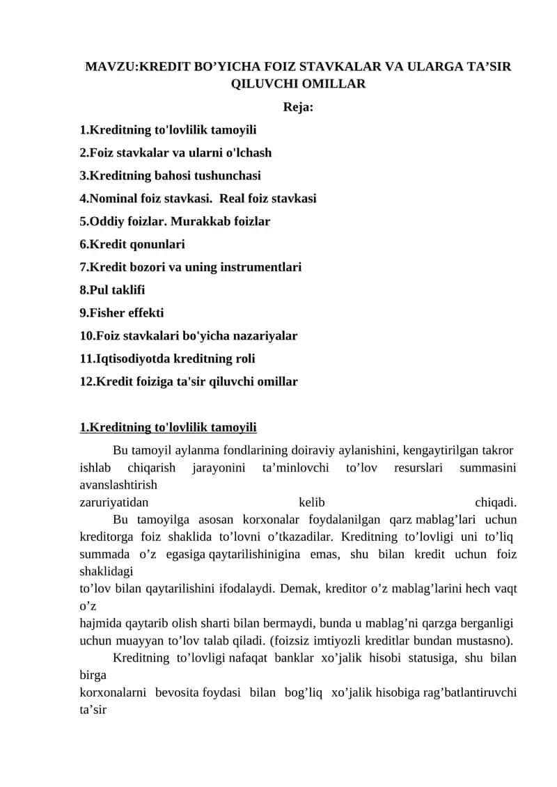 KREDIT BO’YICHA FOIZ STAVKALAR VA ULARGA TA’SIR QILUVCHI OMILLAR 1