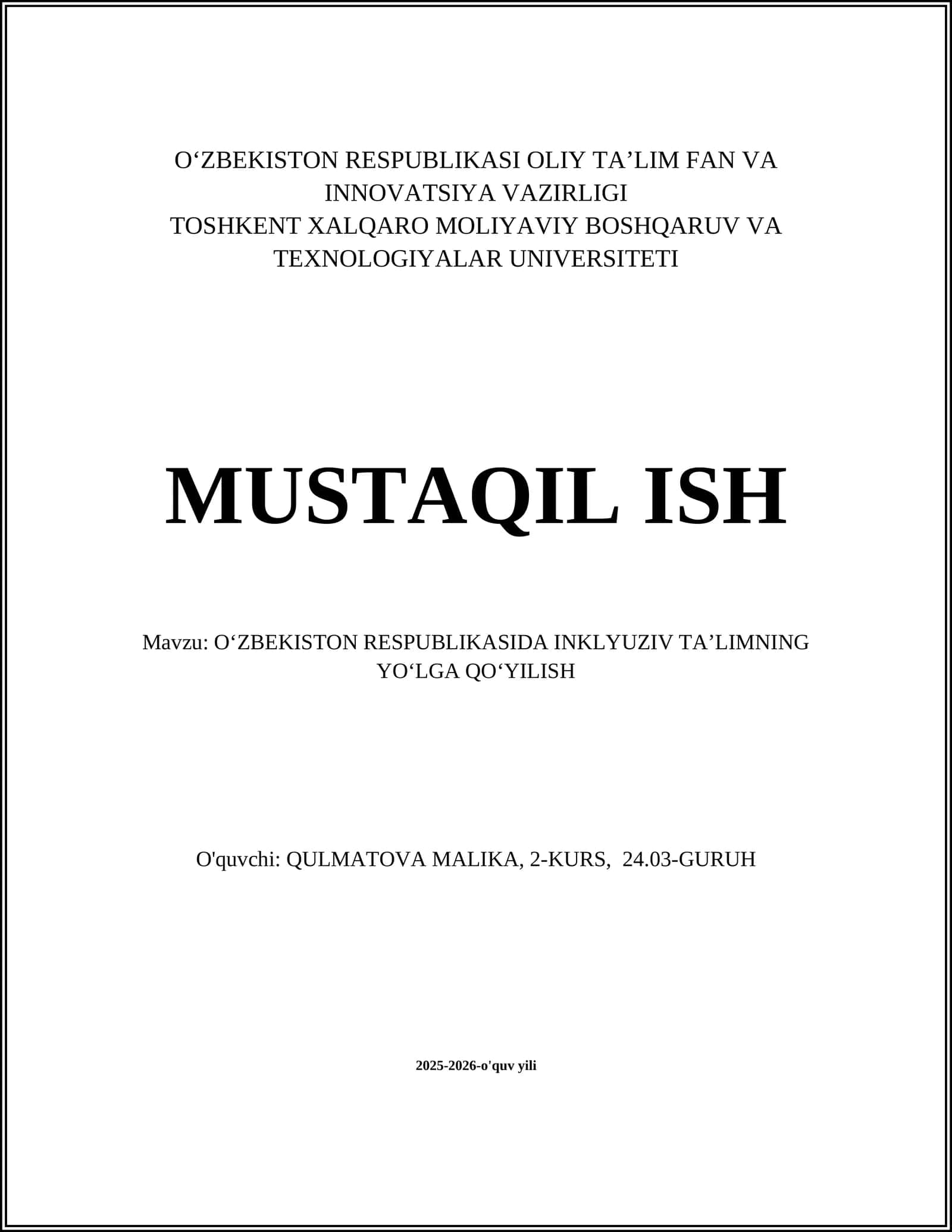 OʻZBEKISTON RESPUBLIKASIDA INKLYUZIV TAʼLIMNING YOʻLGA QOʼYILISH 1