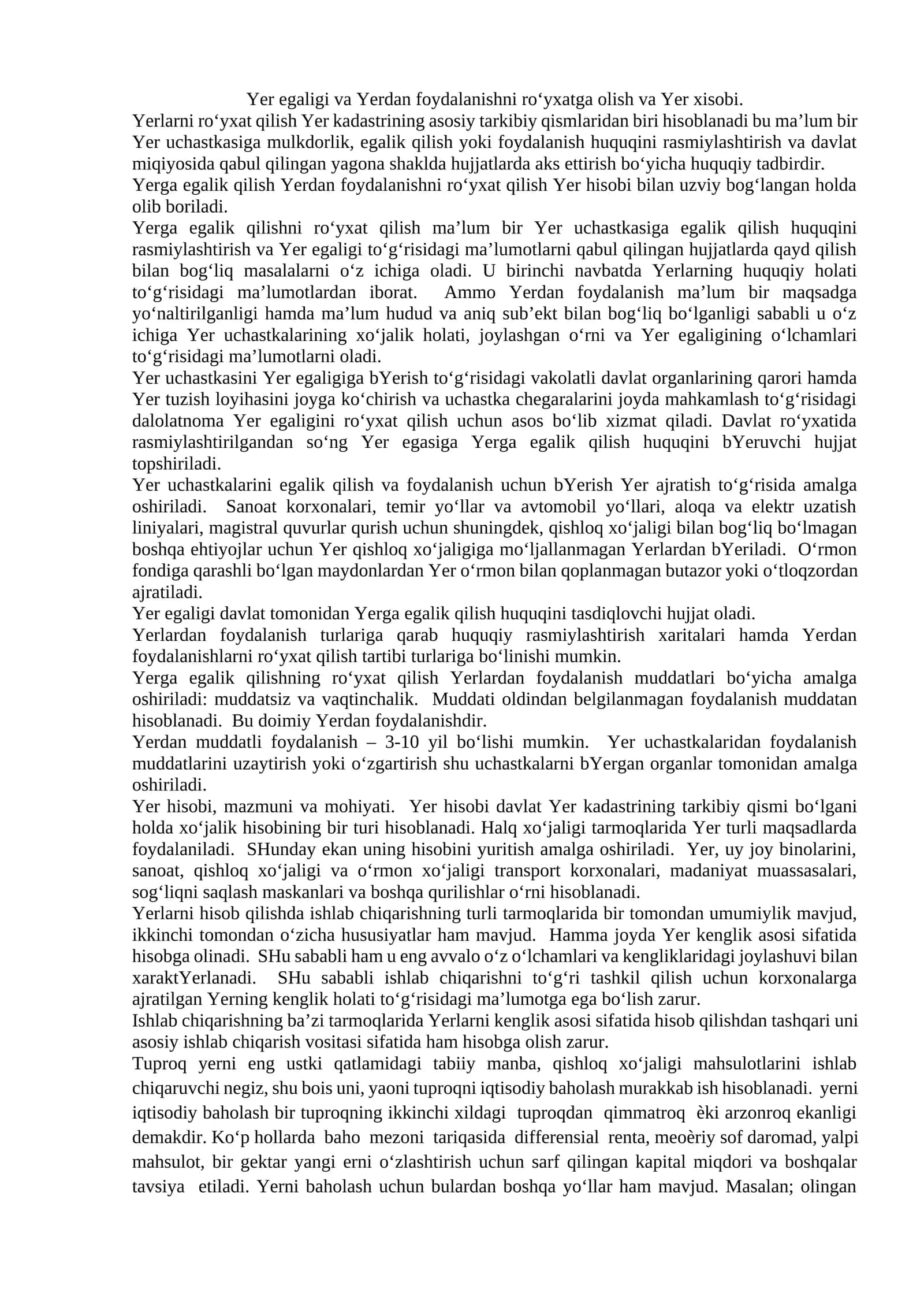 Yer egaligi va Yerdan foydalanishni ro‘yxatga olish va Yer xisobi 1